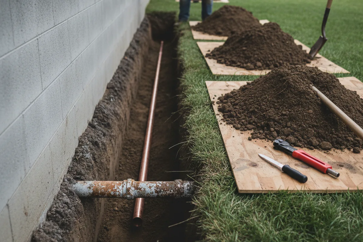 Excavated water line trench during Water Softener Installation in Burnsville